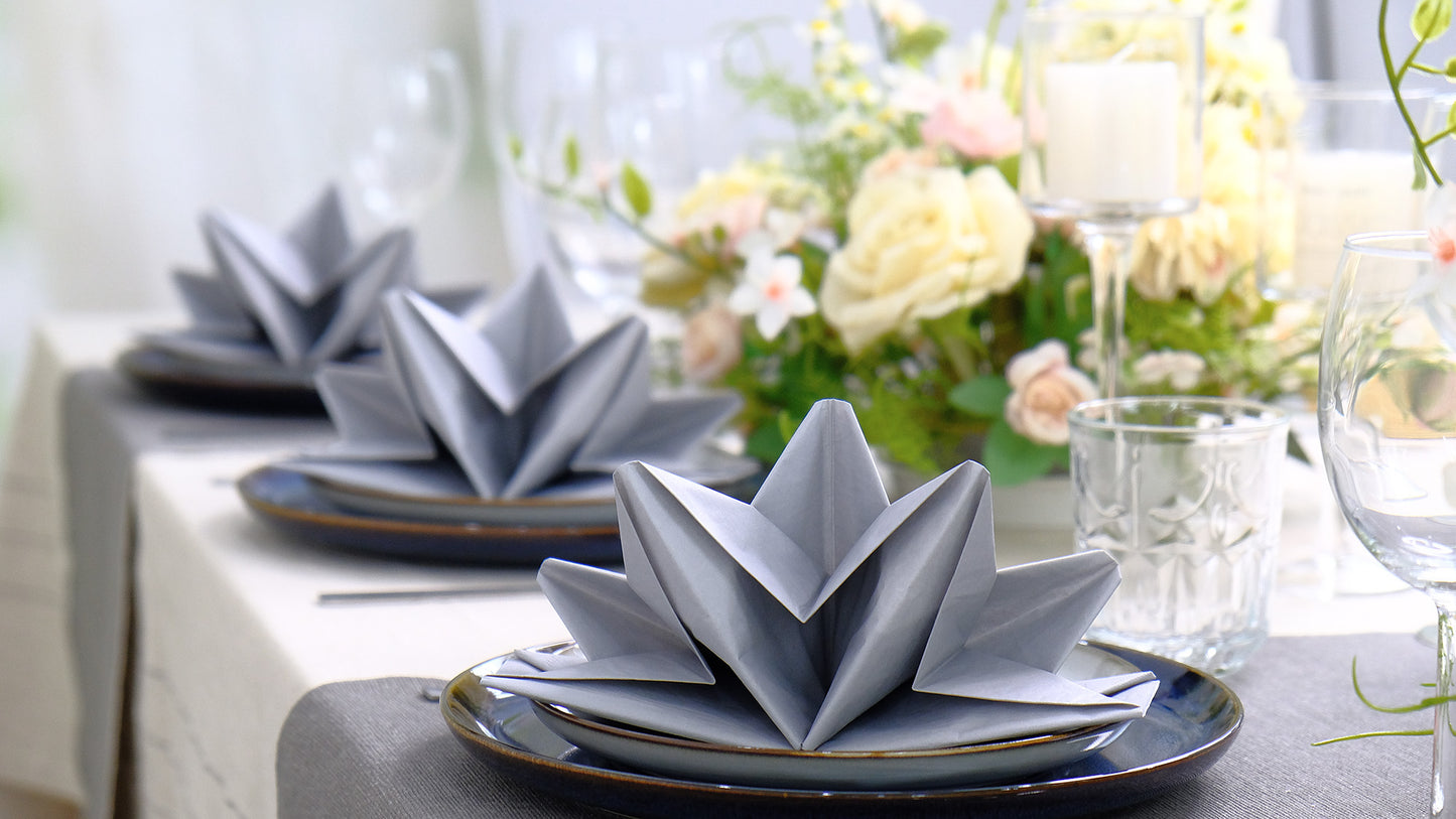 WEDDING SERVIETTES / NAPKINS IN WHITE CREAM AND SILVER GREY